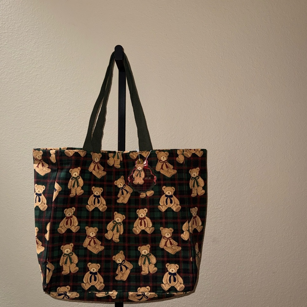 NWT Gia & Georgie Reusable & Durable Canvas Tote Bag Plaid with Teddy Bear Print